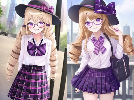 two anime girls, wearing skirts, hats and glasses in a predominately purple color scheme, with blond drill shaped hair, smiling